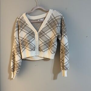 Plaid V-Neck Sweater - Cream and Gray